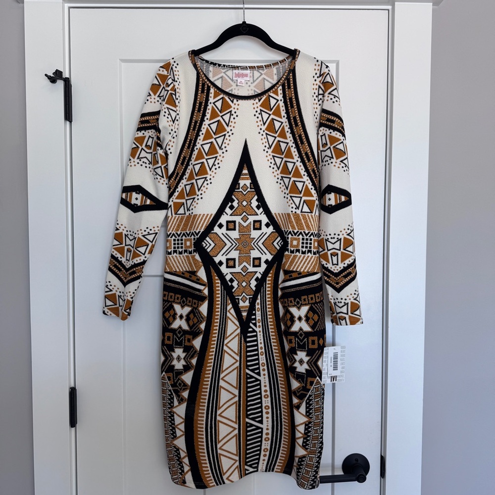 LuLaRoe Debbie Elegant Collection Long Sleeve Dress in Black, Gold, & Cream